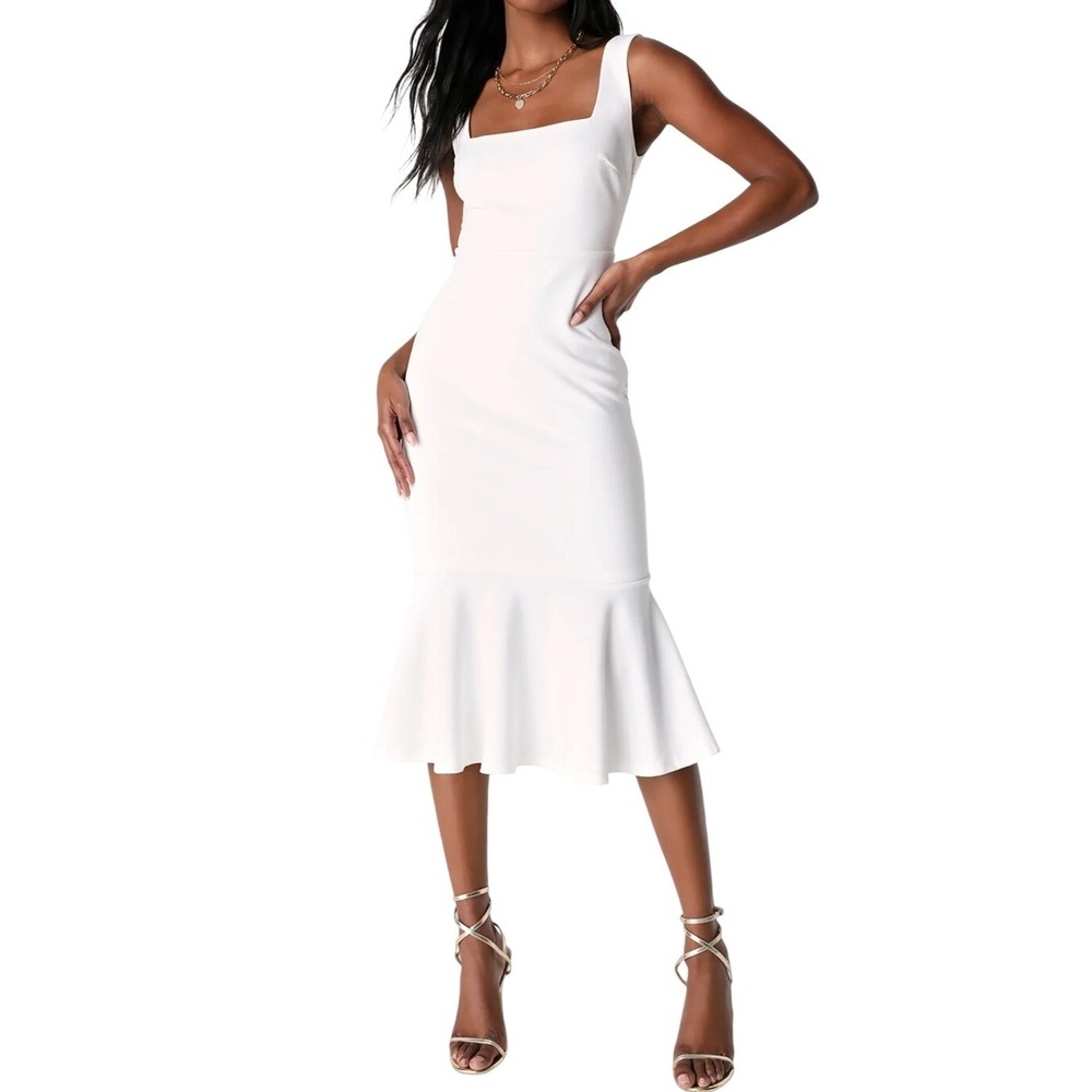 NWT Lulus Moment Maker White Square‎ Neck Trumpet Midi Dress L Sleeveless V-Back